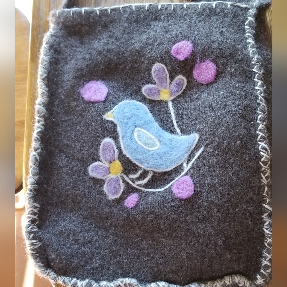 Custom felted blue bird and flower shoulder strap purse